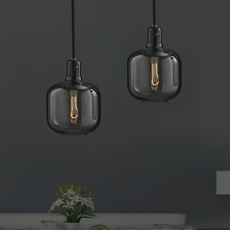 Modernist Amber/Smoky Glass Cylinder Pendant Ceiling Lamp - 1 Light Living Room Hanging 4/5.5 Wide