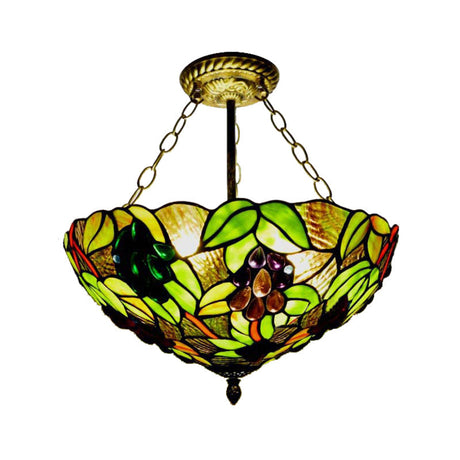 12/16 W Inverted Semi Flush Light: Stained Glass Bowl Shade Green / 16