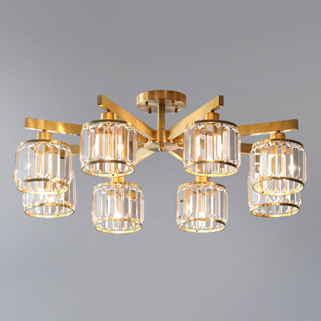 Modern Gold Semi Flush Mount Ceiling Light With Metallic Radial Design And Crystal Cylinder Shade