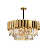Gold Pendant Light: Elegant Round Tri-Prism Crystal Chandelier