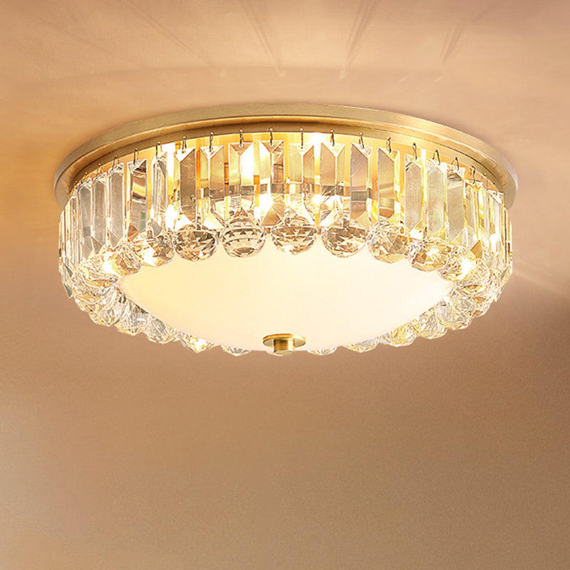 Gold Milk Glass Dome Ceiling Mount Light With Crystal Accent - Postmodern 4-Bulb Flush Lamp