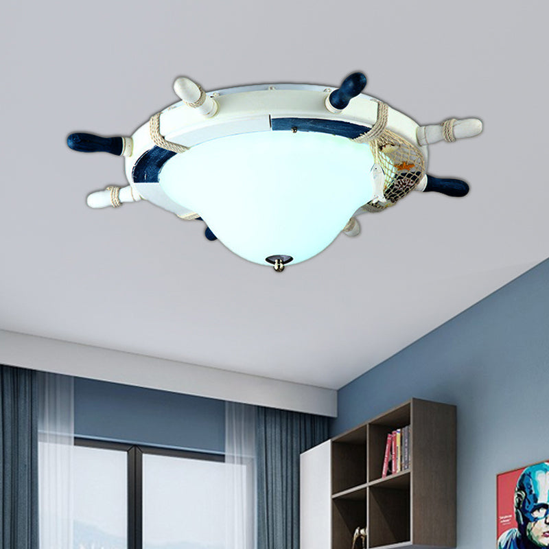 Cartoon Style Rudder Flush Ceiling Light - Led Metal Lamp For Childrens Room White/Blue With Frosted