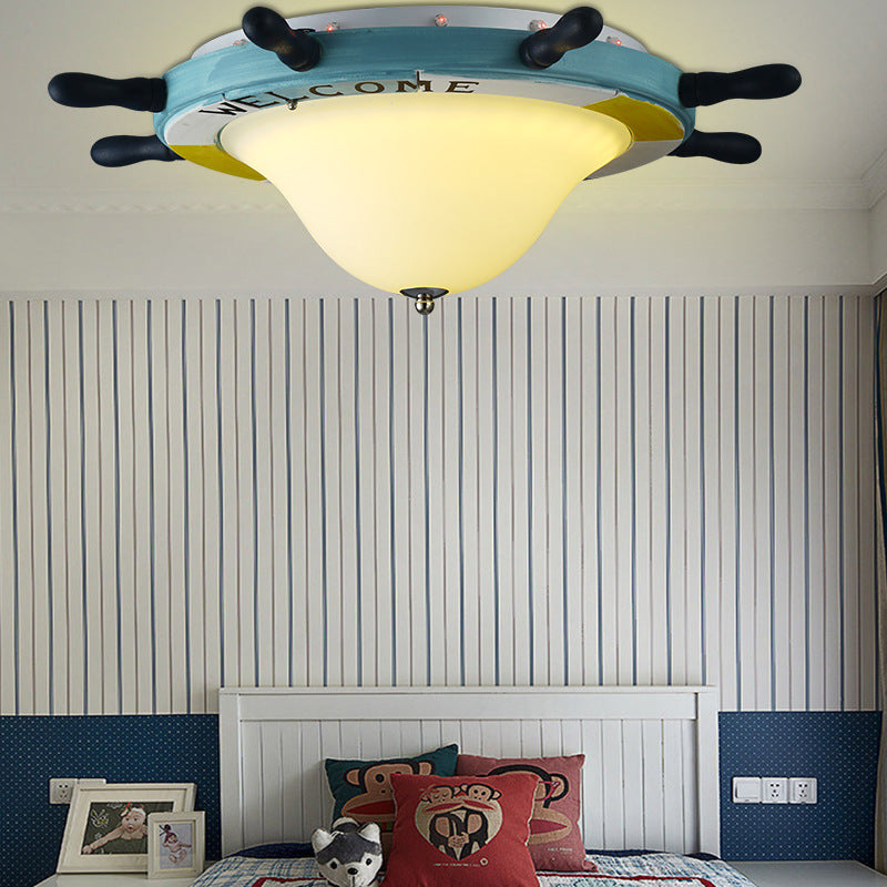 Cartoon Style Rudder Flush Ceiling Light - Led Metal Lamp For Childrens Room White/Blue With Frosted