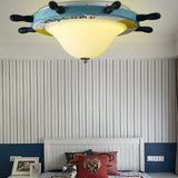 Cartoon Style Rudder Flush Ceiling Light - Led Metal Lamp For Childrens Room White/Blue With Frosted
