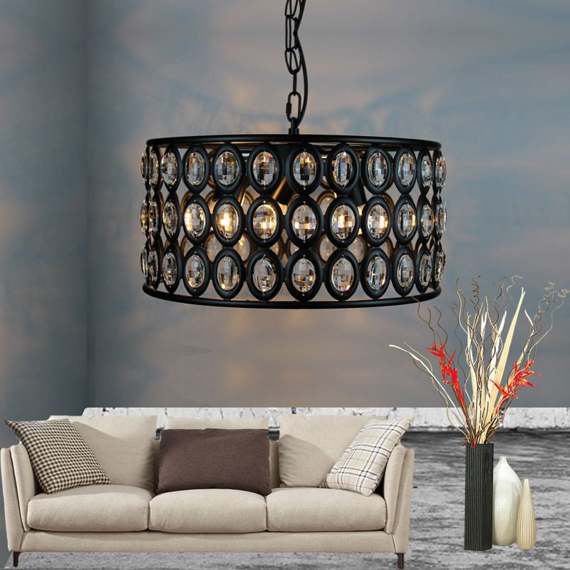 Vintage Black Drum Ceiling Lamp: 3-Light Metal & Crystal Chandelier For Living Room