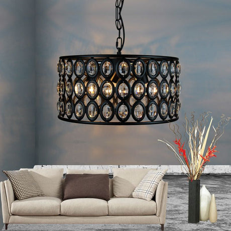 Vintage Black Drum Ceiling Lamp: 3-Light Metal & Crystal Chandelier For Living Room