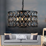 Vintage Black Drum Ceiling Lamp: 3-Light Metal & Crystal Chandelier For Living Room