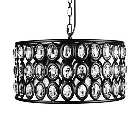 Vintage Black Drum Ceiling Lamp: 3-Light Metal & Crystal Chandelier For Living Room