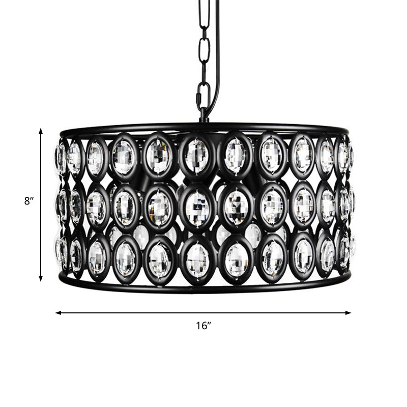 Vintage Black Drum Ceiling Lamp: 3-Light Metal & Crystal Chandelier For Living Room