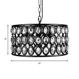 Vintage Black Drum Ceiling Lamp: 3-Light Metal & Crystal Chandelier For Living Room