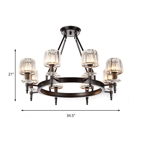 Vintage Black Barrel Hanging Chandelier Light With Glass Shade - 3/6/8 Fixture