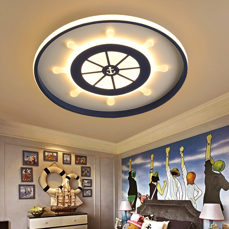 Kids Blue Round Ceiling Light With Rudder Design And Led Acrylic - 18/23.5 Wide In Warm/White