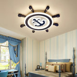 Cartoon Blue Led Nursery Flush Mount: Rudder Wooden Mount Lighting Fixture