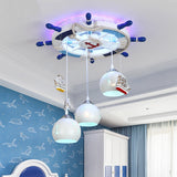 Contemporary White Led Flush Mount Fixture With Carved Glass Dome Shade And Metallic Rudder Light