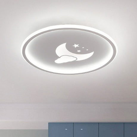 Nordic Style Led Flush Mount Ceiling Light With Star And Moon Pattern - Metallic Ring Shaped White