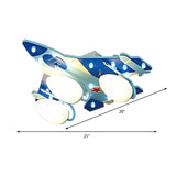 Cartoon Style Blue Plane Flush Mount Lamp With Wood Ceiling Lighting And Milk Glass Teardrop Shade -