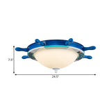 Nautical Style Led Flushmount Light With Blue Milk Glass Shade For Bedroom