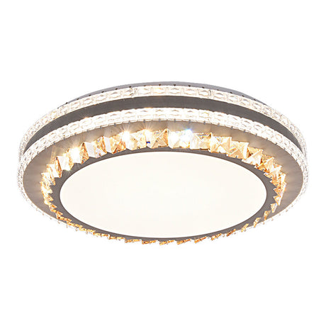 Sleek Stainless-Steel Drum Led Flush Mount Light With Crystal Accent Perfect For Bedrooms