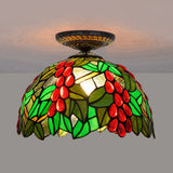 Victorian Domed Flush Ceiling Light - Brass With Grape Pattern 12/16.5 Width Stained Glass 1-Light