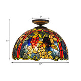 Victorian Domed Flush Ceiling Light - Brass With Grape Pattern 12/16.5 Width Stained Glass 1-Light