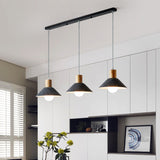 Industrial Grey Pendant Lighting With Conical Shape - 3 Lights Wooden Cap Perfect For Dining Room