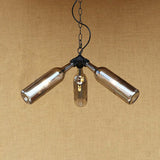 Rustic Blue/Clear Glass Pendant Light Fixture With Chain For Restaurants - 3 Bulbs Bottle Chandelier