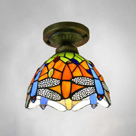 Tiffany Style Stained Glass Semi Flush Ceiling Light Fixture With Bowl Shade Orange / 8