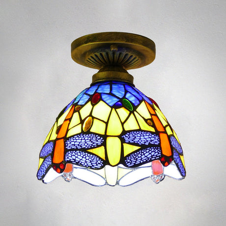 Tiffany Style Stained Glass Semi Flush Ceiling Light Fixture With Bowl Shade Royal Blue / 8