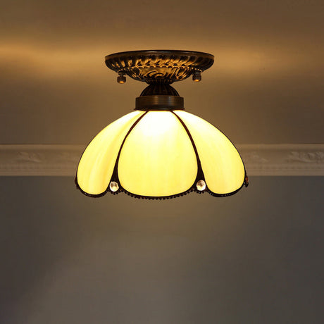 Stained Glass Dome Shade Semi Flush Mount Ceiling Light - Decorative 1-Light Yellow