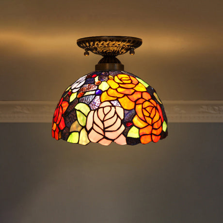 Stained Glass Dome Shade Semi Flush Mount Ceiling Light - Decorative 1-Light Orange Red