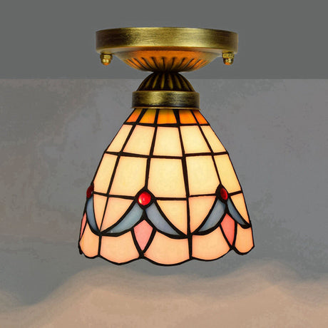 Tiffany Stained Art Glass Semi Flush Mount Ceiling Light - Single-Bulb Shaded Fixture White