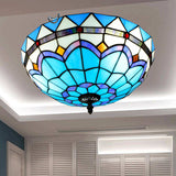 Stained Art Glass Flush Mount Ceiling Light With Traditional Bowl Shade Blue / 16