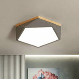 Metallic Macaron Led Flush Ceiling Light With Faceted Pentagon Design And Wooden Canopy Grey /