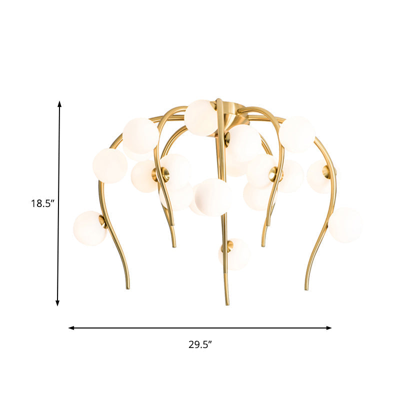 Black/Gold Flush Lamp With Milk White Glass And Weeping Branch Design - 15/20 Lights Ceiling Mount