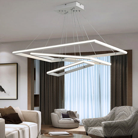 Modern Tiered Rectangular Chandelier With Acrylic Panels - 3 Black/White Led Lights In White Or Warm