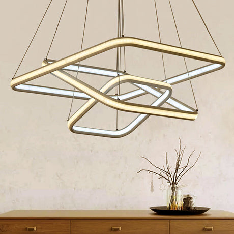 Sleek White Acrylic Hanging Chandelier With Layered Square Design Led Ceiling Pendant In White/Warm