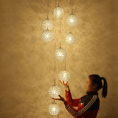 Hollowed Ball Silver Ceiling Lamp With 10 Metallic Bulbs - Artistic Staircase Suspension Light