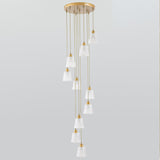 Gold 10-Light Staircase Hanging Pendant With Lattice Glass Bell Shades - Simplicity Collection