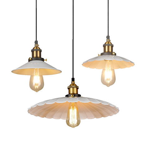 White Industrial Metal Scalloped Umbrella Pendant Light - Single Ceiling Hanging
