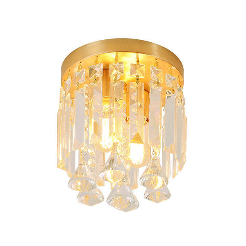 Modern Crystal Block Cylinder Flush Mount Light With Brass Finish - 2 Lights 8/10 Wide