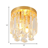 Modern Crystal Block Cylinder Flush Mount Light With Brass Finish - 2 Lights 8/10 Wide