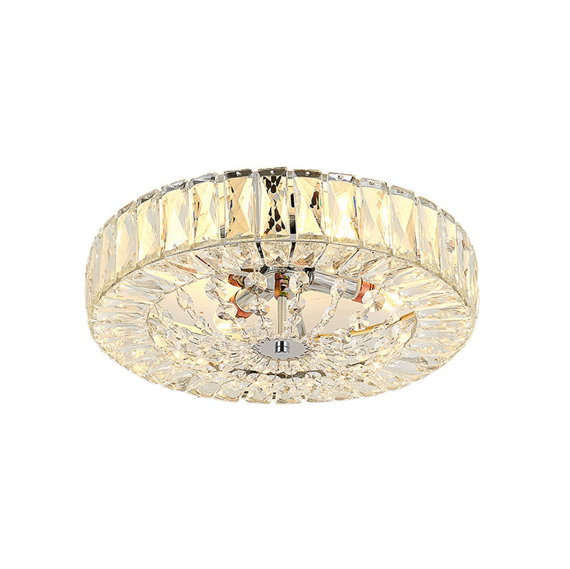 Contemporary Crystal Block Led Chrome Ceiling Fixture - Drum Flush Mount Light 16/23.5 Wide