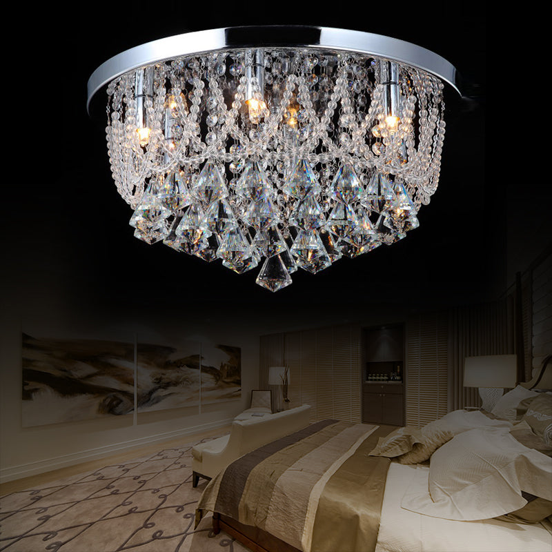 Modern Crystal Strand Ceiling Lamp - Dome Flush 3 Lights 14/18 Wide Chrome; Ideal For Bedroom Chrome