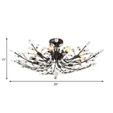 Black Crystal Leaf Semi Flush Mount Light - Modern Metal Ceiling Fixture With 6/8/10 Lights