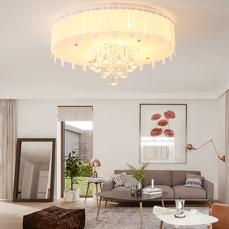 Led Flush Mount Ceiling Light With Crystal Drop And White Glass Shade - Simple Style 19.5/23.5 Wide
