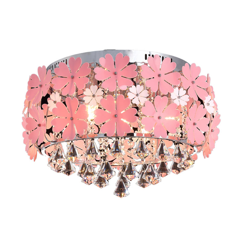 Modern Crystal Drop Led Drum Ceiling Light Fixture With Pink Flower Decoration 18/21.5 Wide