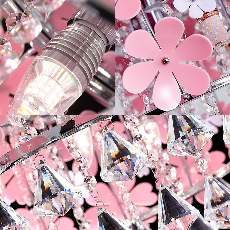 Modern Crystal Drop Led Drum Ceiling Light Fixture With Pink Flower Decoration 18/21.5 Wide