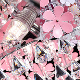 Modern Crystal Drop Led Drum Ceiling Light Fixture With Pink Flower Decoration 18/21.5 Wide