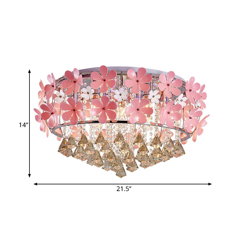 Modern Crystal Drop Led Drum Ceiling Light Fixture With Pink Flower Decoration 18/21.5 Wide