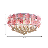Modern Crystal Drop Led Drum Ceiling Light Fixture With Pink Flower Decoration 18/21.5 Wide